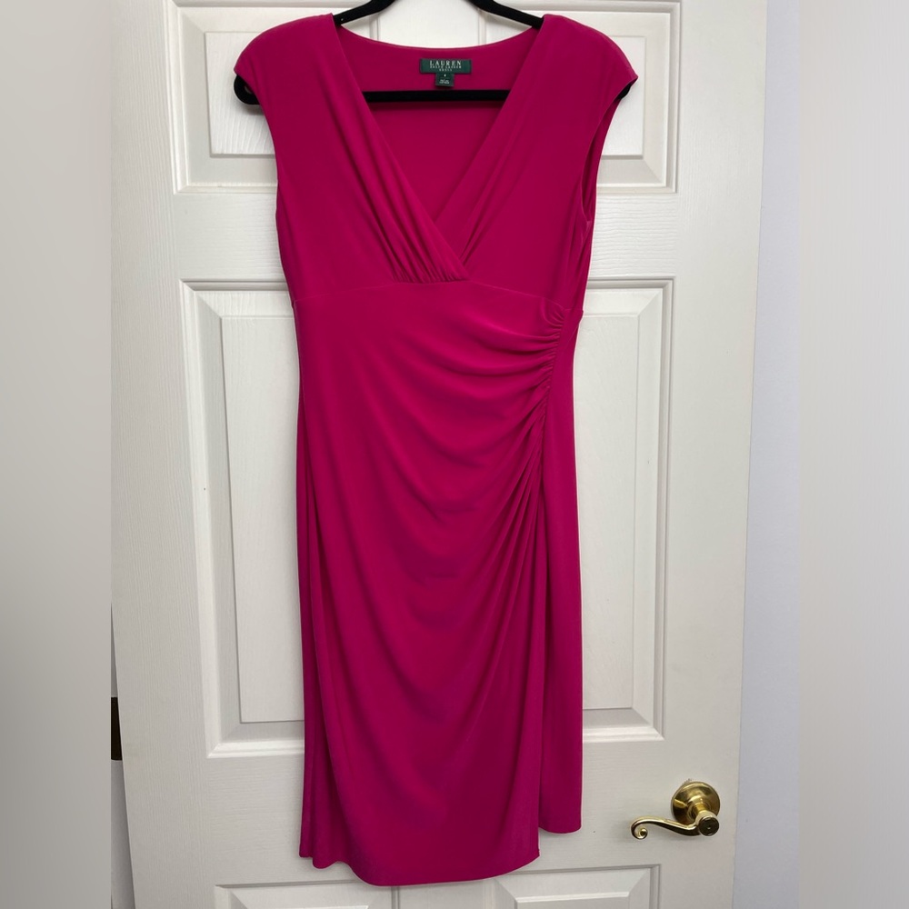 Fuchsia dress by Lauren Ralph Lauren.  Deep V neck and ruching